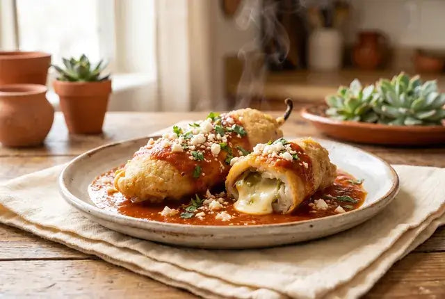 Golden fried Hatch green chile relleno over red chile sauce