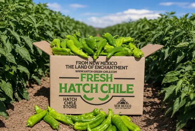 Kraft Fresh Hatch Chile box heaped with fresh Hatch green chile in the field