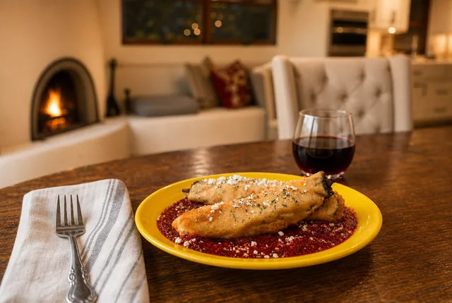 Two Hatch green chile rellenos over red chile sauce on a yellow plate at a dinner table