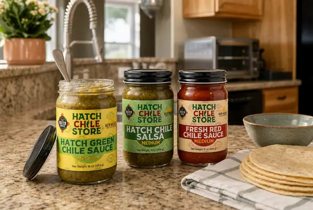Hatch Chile Store green chile sauce, salsa and red chile sauce jars on a kitchen counter, one open with a spoon