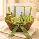 Hatch chile gift basket with roasted green chile, salsa, and fresh chiles