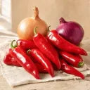 Fresh Hatch red chile peppers with New Mexico sweet onions