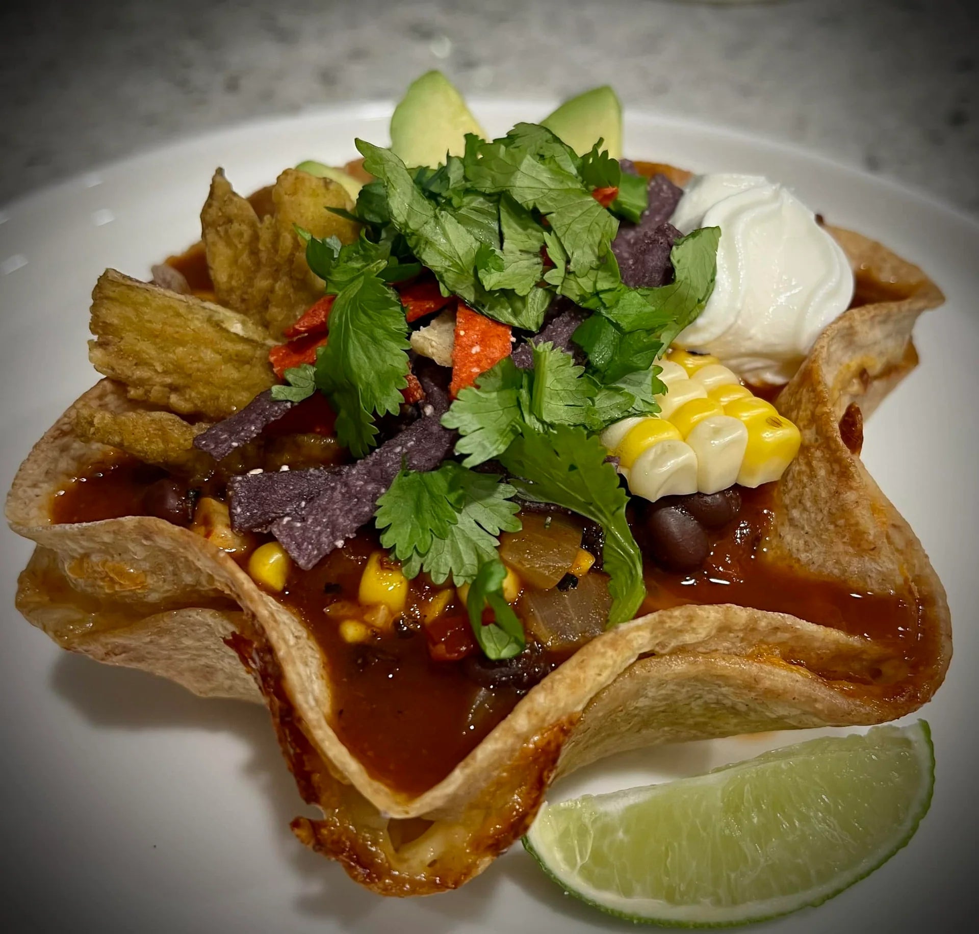 Black bean soup in quesadilla bowl