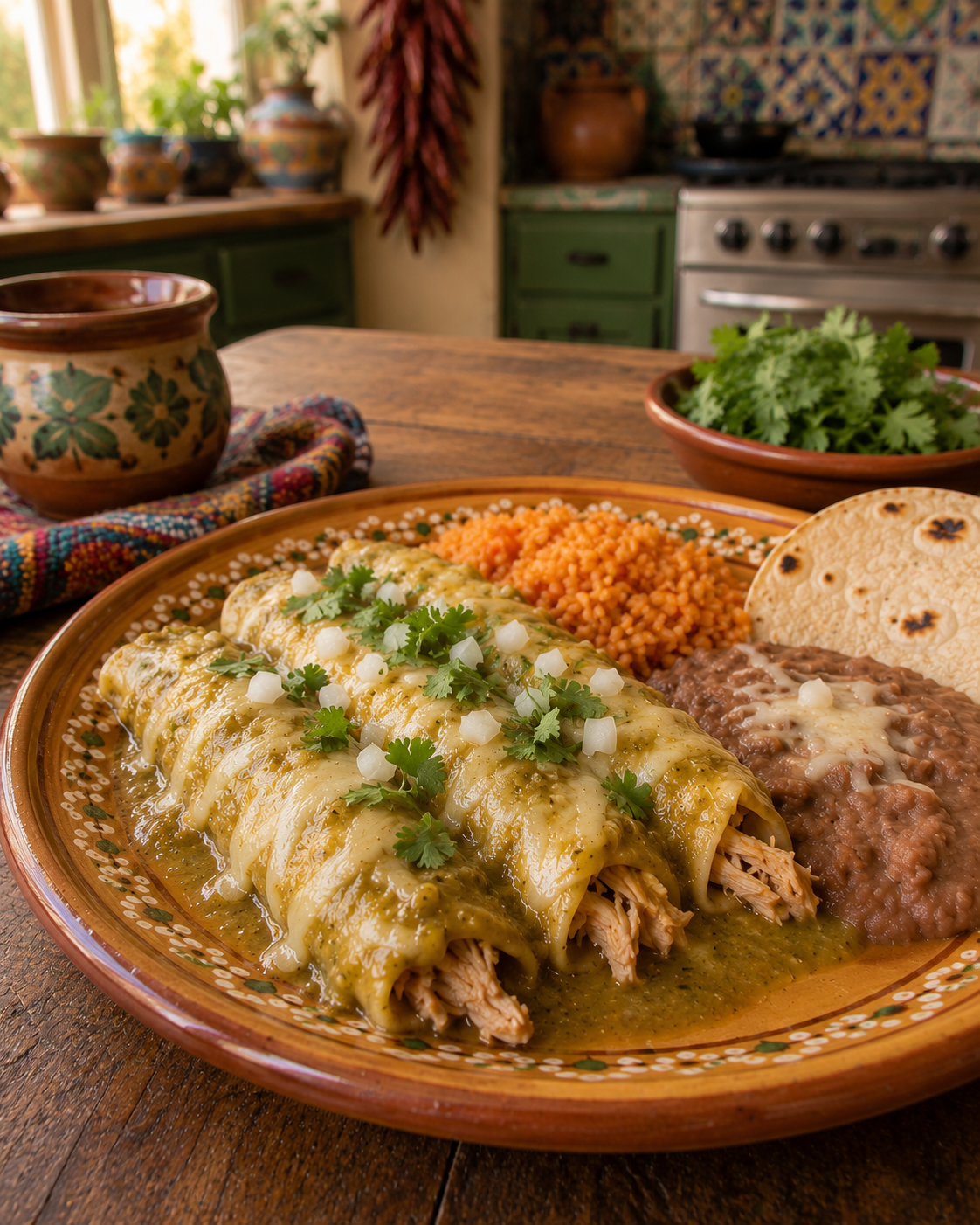 Green chile chicken enchiladas with Spanish rice and refried beans