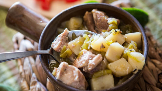 A spoon resting in a bowl of green chile stew with pork and potatoes