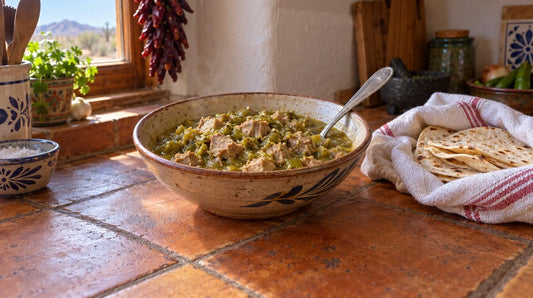 A bowl of chile verde, chunks of pork in a thick green chile sauce, on a tile kitchen counter next to flour tortillas wrapped in a dish towel