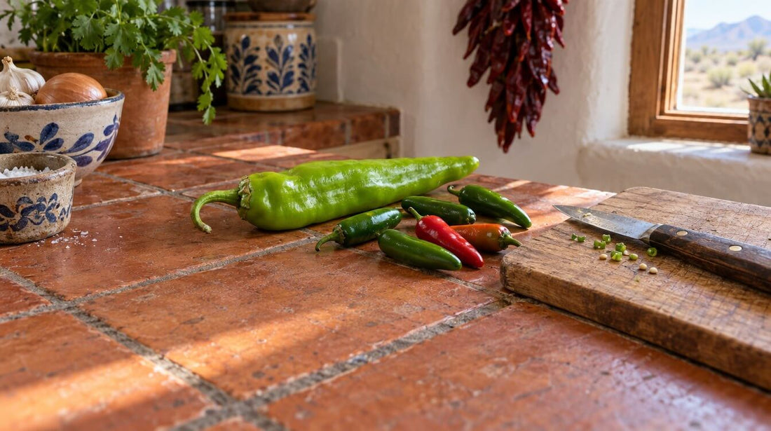 One long fresh green chile pod on a tile kitchen counter beside several small serrano peppers, with a wooden cutting board and knife nearby