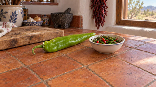 One long fresh green chile pod on a tile kitchen counter beside a small bowl of thin red and green Thai chiles