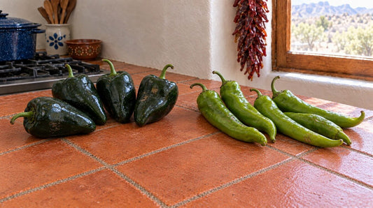 Fresh poblano peppers and long New Mexico green chiles side by side on a tile kitchen counter