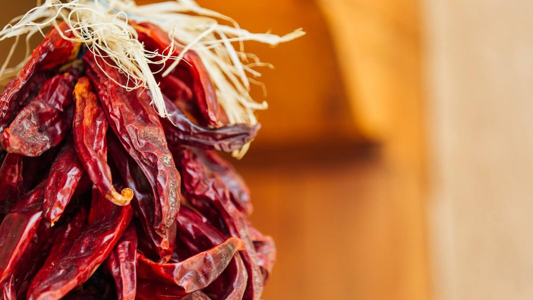 A close view of a dried red chile ristra hanging beside a warm adobe-colored wall
