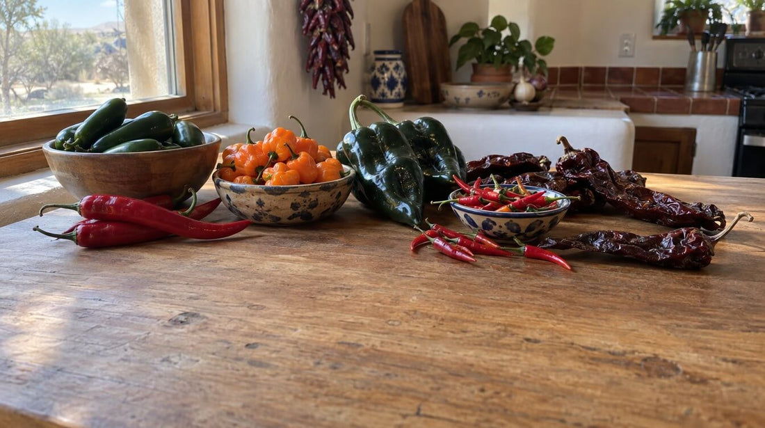 A wooden kitchen table with bowls and loose piles of different chile peppers: jalapenos, orange habaneros, red cayennes, thin Thai chiles, poblanos and dried red pods