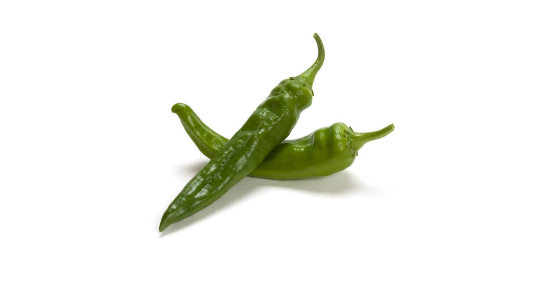 Two dark green fresh chile pods crossed on a white background