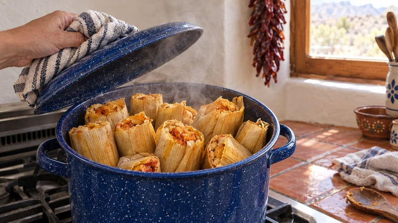 Lifting the lid on a blue enamel tamalera of husk-wrapped red chile tamales in a New Mexico kitchen, steam rising