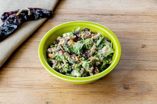 New Mexico style bacon and broccoli salad in a bowl, shot in a Hatch, New Mexico kitchen