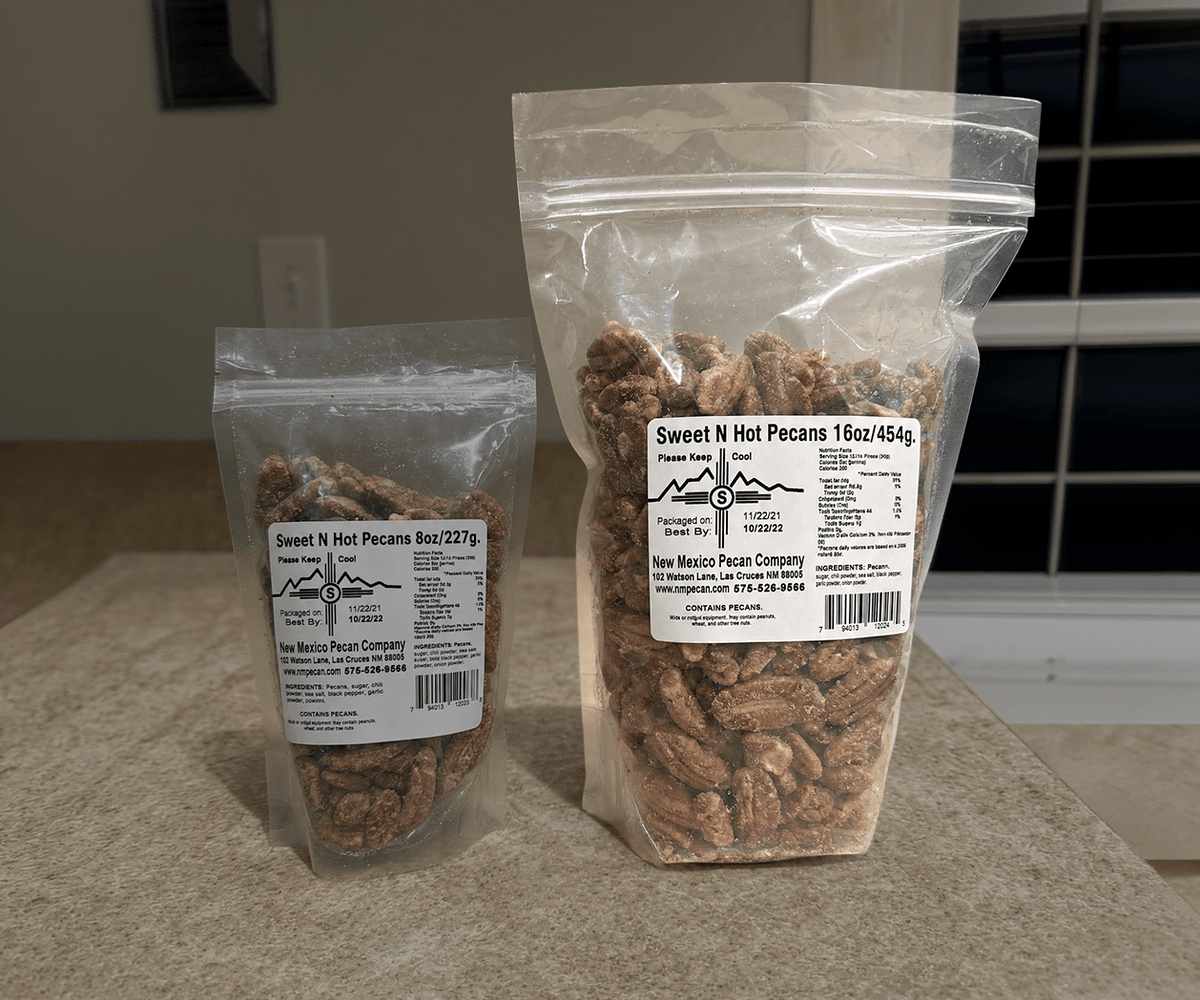 Sweet and hot pecans in 8 oz and 16 oz clear resealable bags