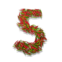 Fresh chiles layed out in the shape of the number 5