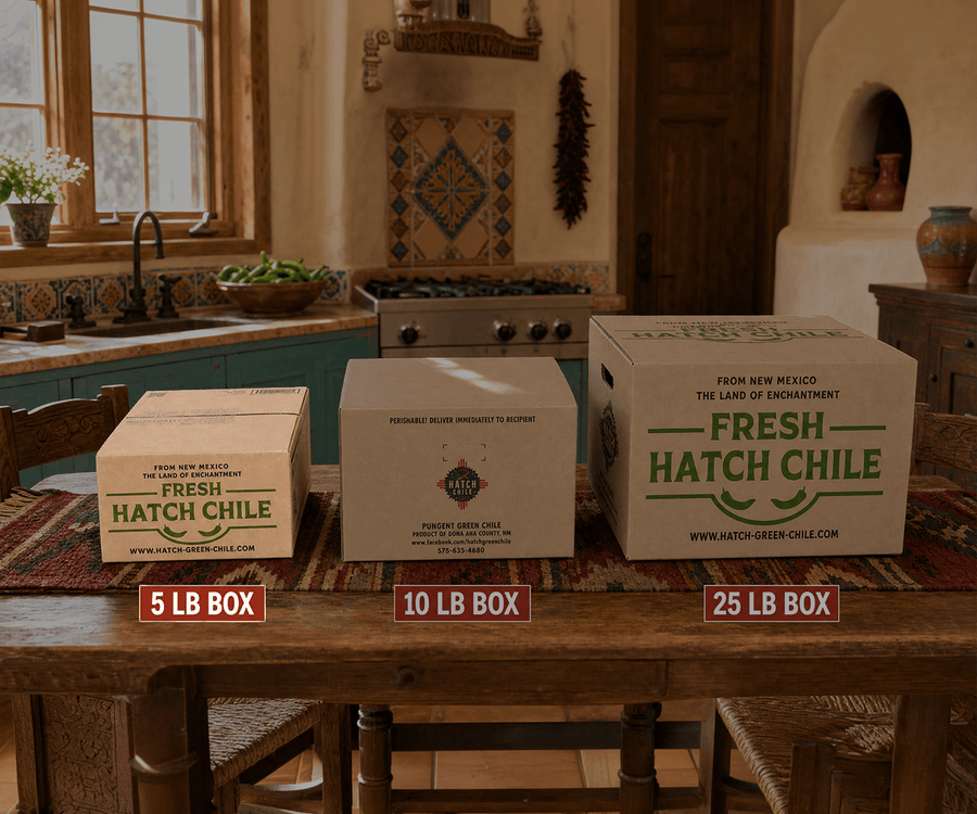 Fresh Hatch chile shipping boxes in 5, 10, and 25 lb sizes, 5 lb box highlighted