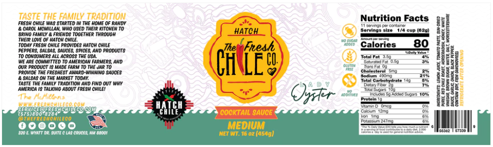 Product label for "Hatch Chile Cocktail Sauce" medium heat chile sauce, featuring brand logo, nutrition facts, and a brief description of the family tradition behind the sauce using Hatch Valley chiles