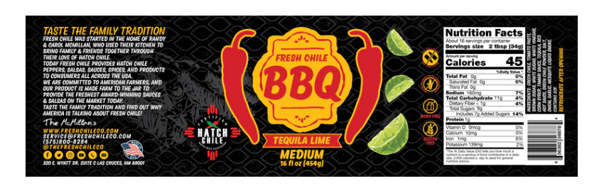 Label design for "Hatch Tequila Lime BBQ" sauce, showcasing a central fiery red logo with green accents, surrounded by nutrition facts and company contact information.