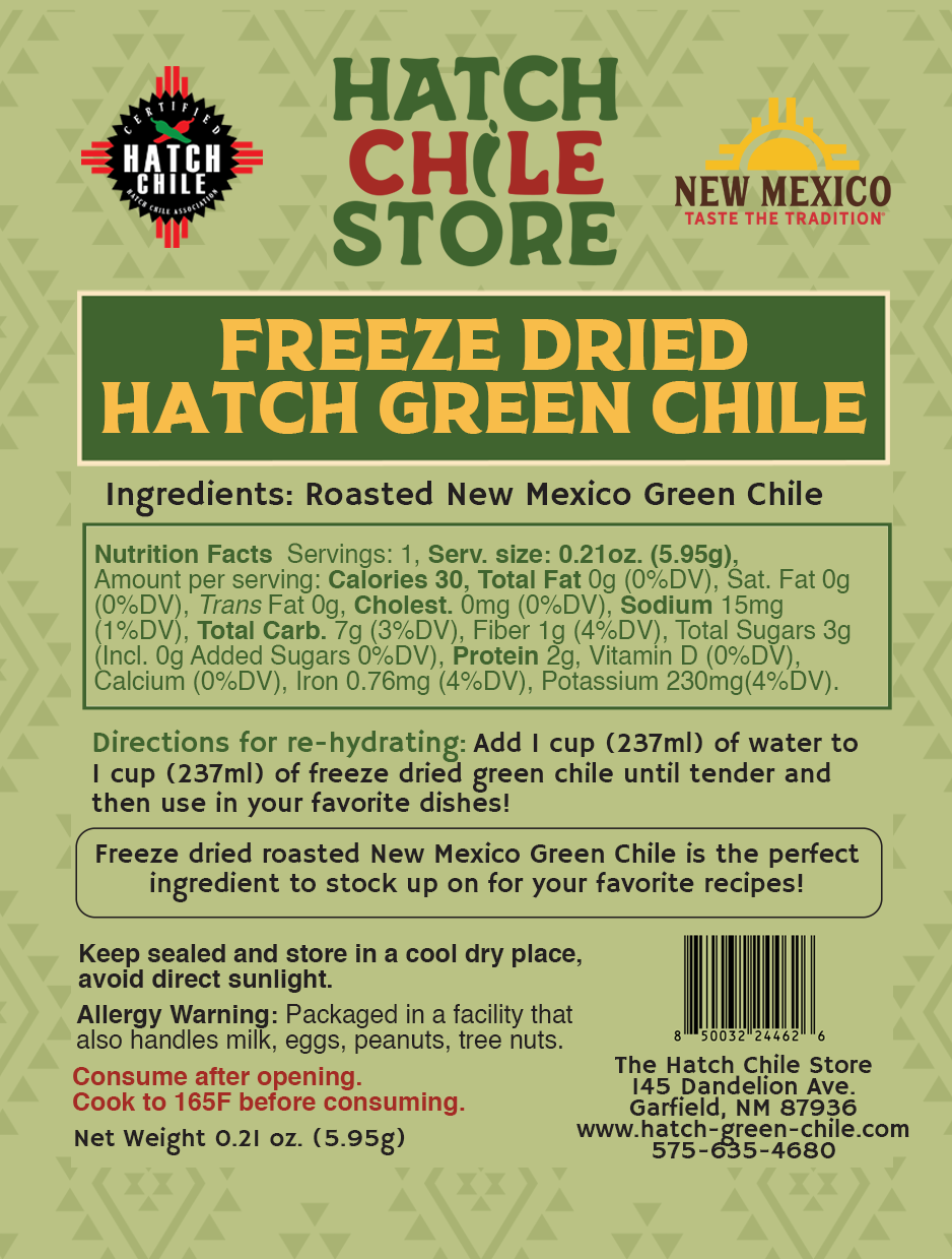Three pouches of freeze dried chopped Hatch green chile