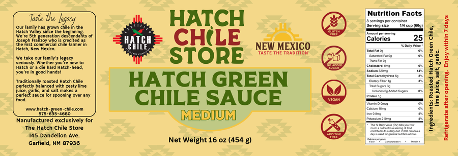 Hatch green chile sauce label, medium heat