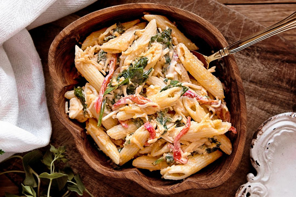 spicy pasta salad with red peppers and roasted hatch green chile