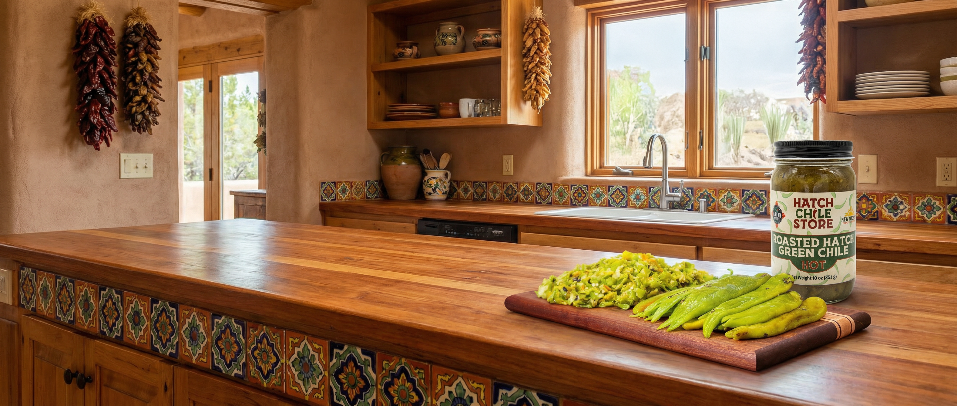 Kitchen counter with wooden surface, jar of Hatch Chile Green Chile, and cutting board with vegetables.
