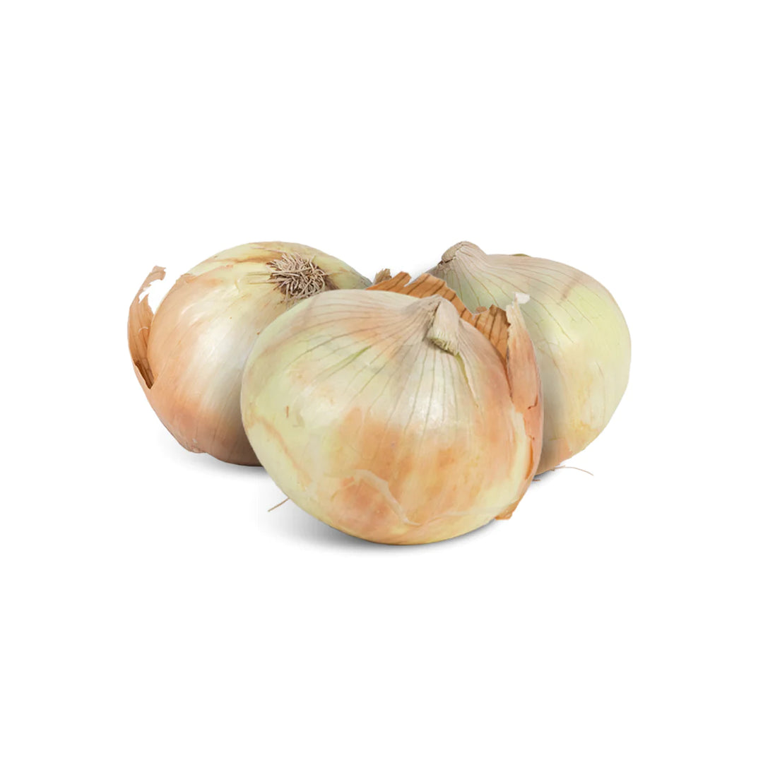 Four whole Hatch Nu-Mex Sweet Yellow onions with papery skins, set against a plain white background.