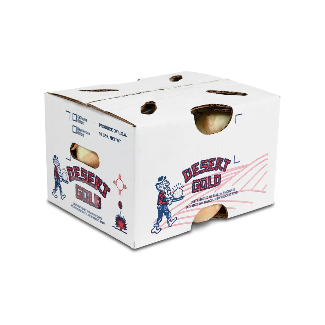 Sentence with Product Name: A white cardboard box labeled "Hatch Nu-Mex Sweet Yellow Onions" with illustrations of cowboys and various cut-out holes, likely used for packaging locally grown onions.