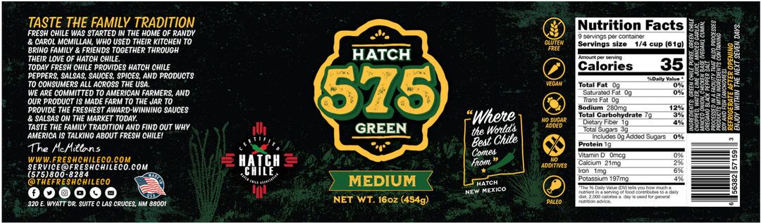 Packaging graphic of Hatch 575 Green Chile Sauce with text about tradition, quality, and taste, alongside nutritional information panel and product barcode.