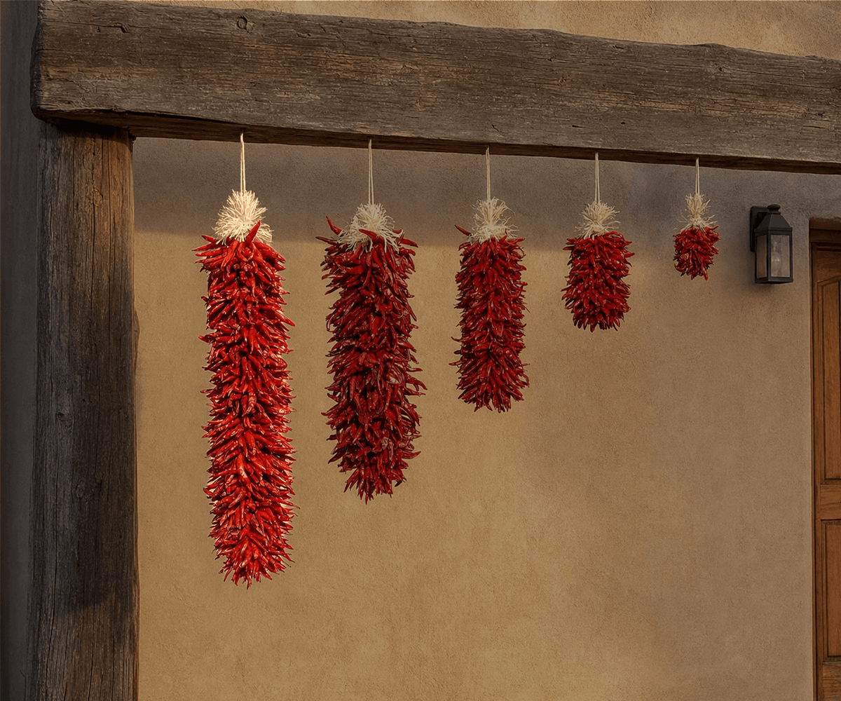 Dried red chile pequin ristras hanging on an adobe wall, longest size featured