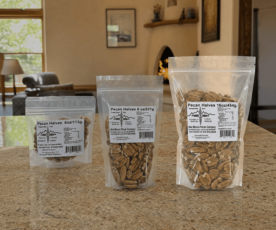 Pecan halves size lineup in 4, 8, and 16 oz resealable bags
