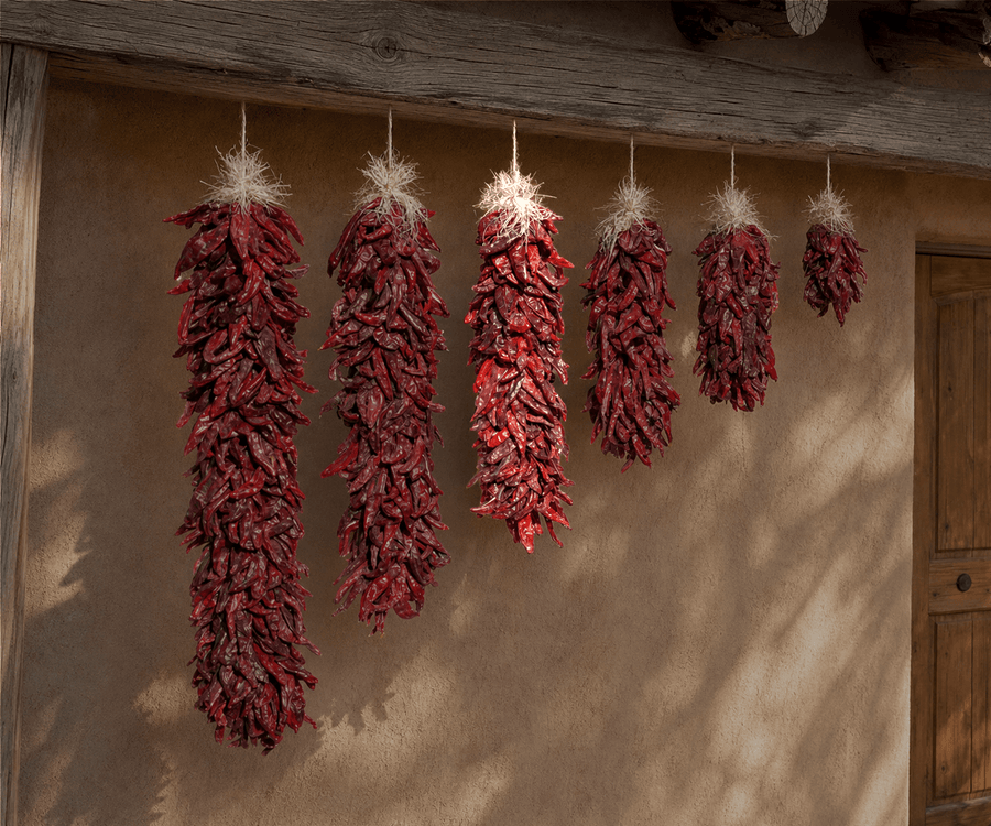 Dried red chile ristras in graduated lengths on adobe wall, middle size highlighted