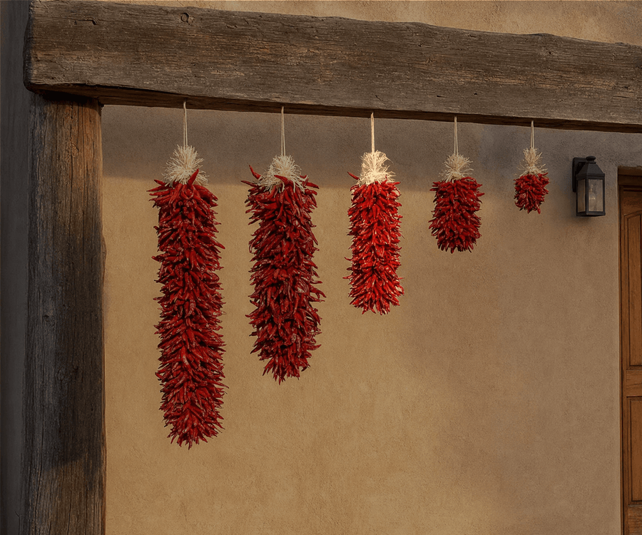 Dried red chile pequin ristras in graduated lengths on an adobe wall, middle size featured