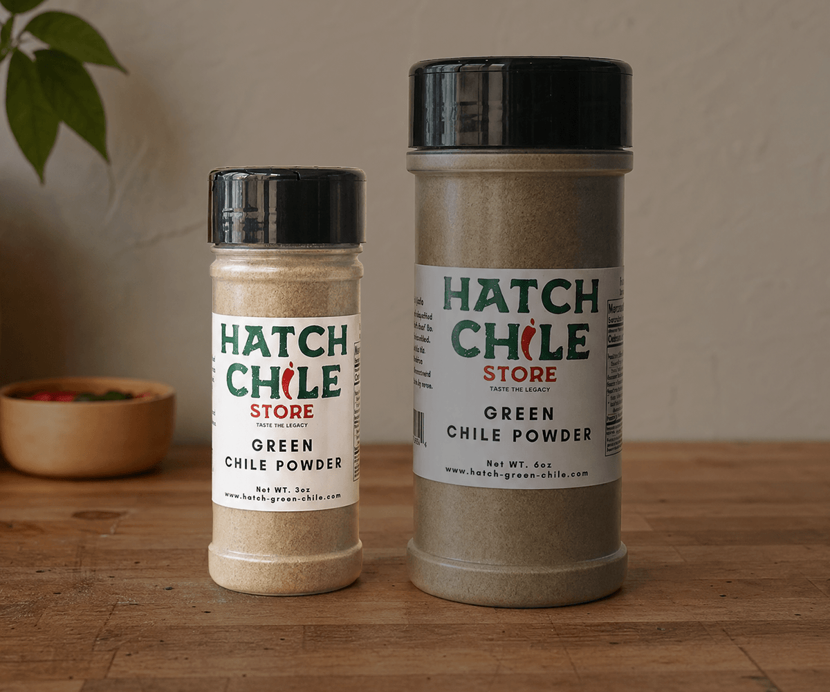 Hatch Chile Store green chile powder in 3 oz and 6 oz shaker jars