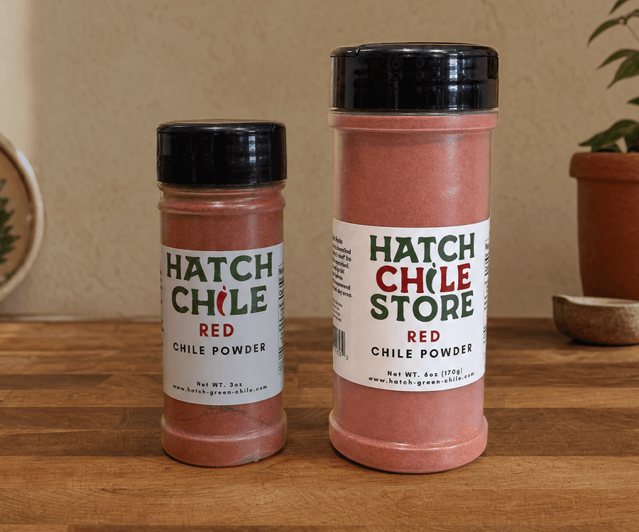Hatch red chile powder in 3 oz and 6 oz shaker jars