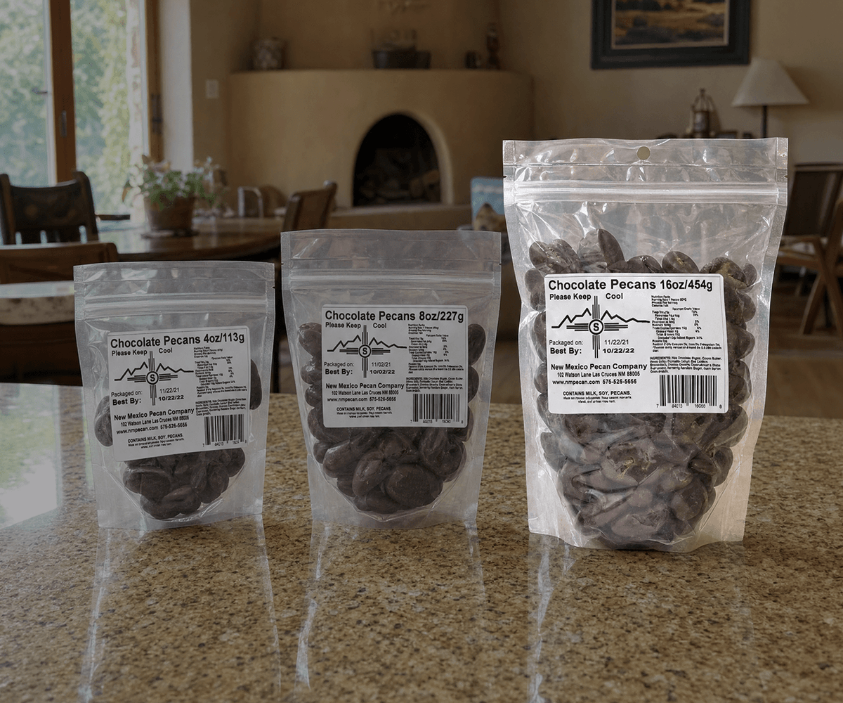 Chocolate covered pecans in 4, 8, and 16 oz clear resealable bags