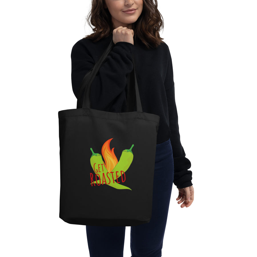 Get Roasted Tote Bag — eco tote bag in black, front view