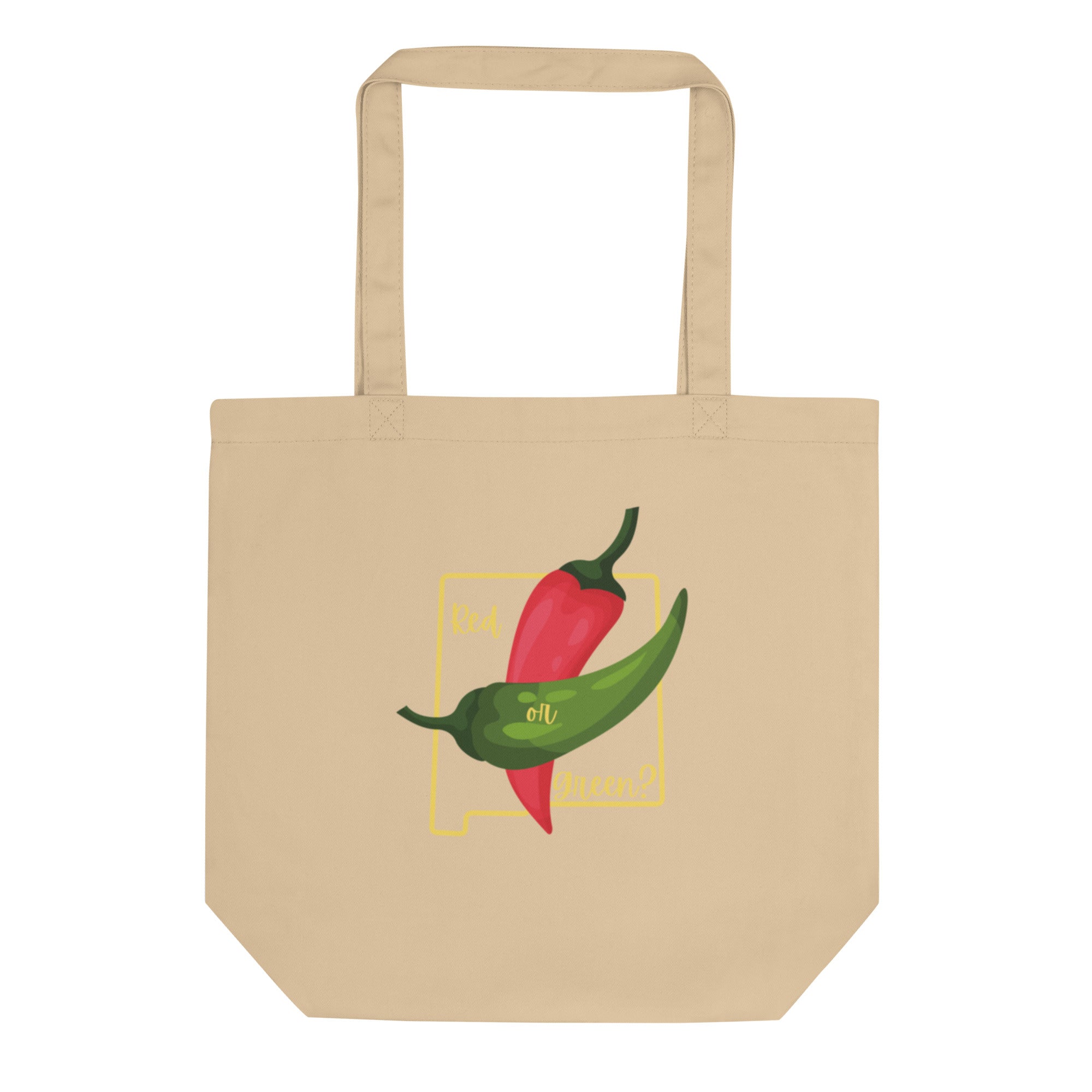 A beige NM State Question Tote Bag featuring a graphic of two colorful chili peppers, one red and one green, with the phrase "best oil ever!" in a stylized yellow box.