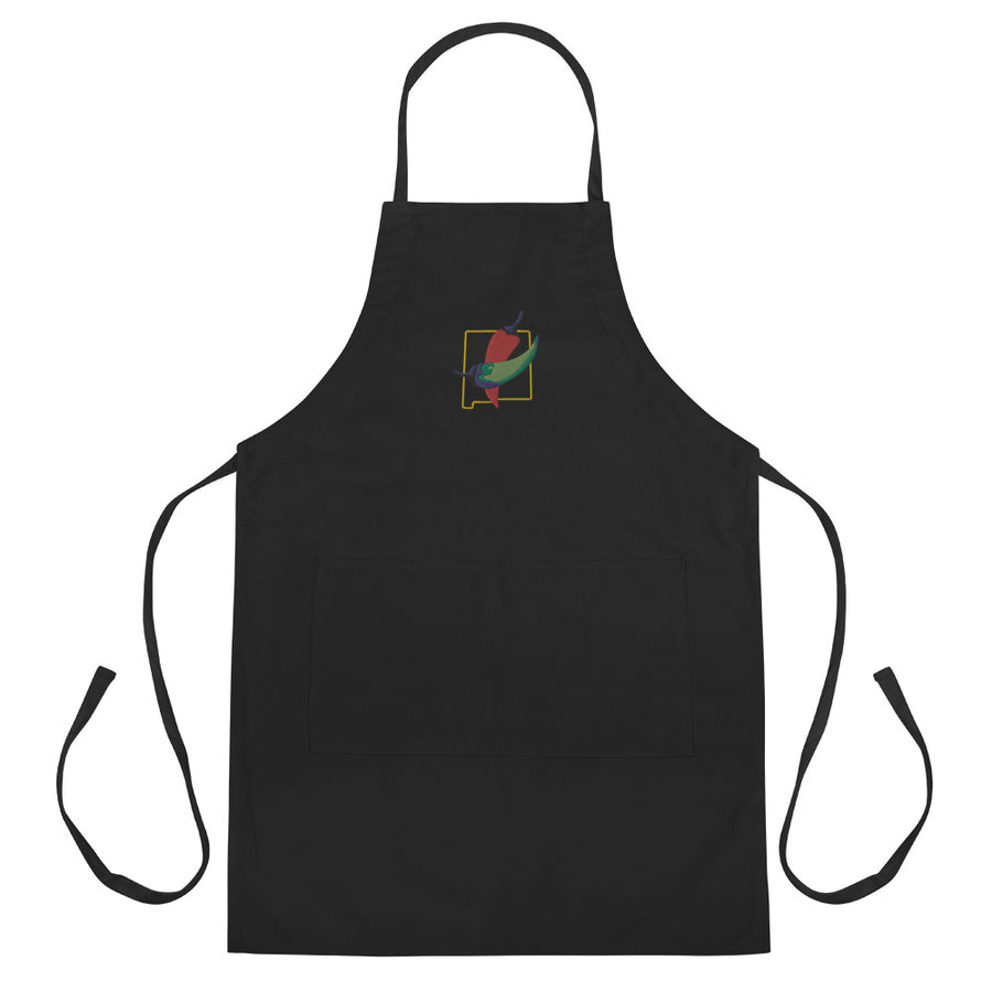 State Question Apron — embroidered apron in black, front view