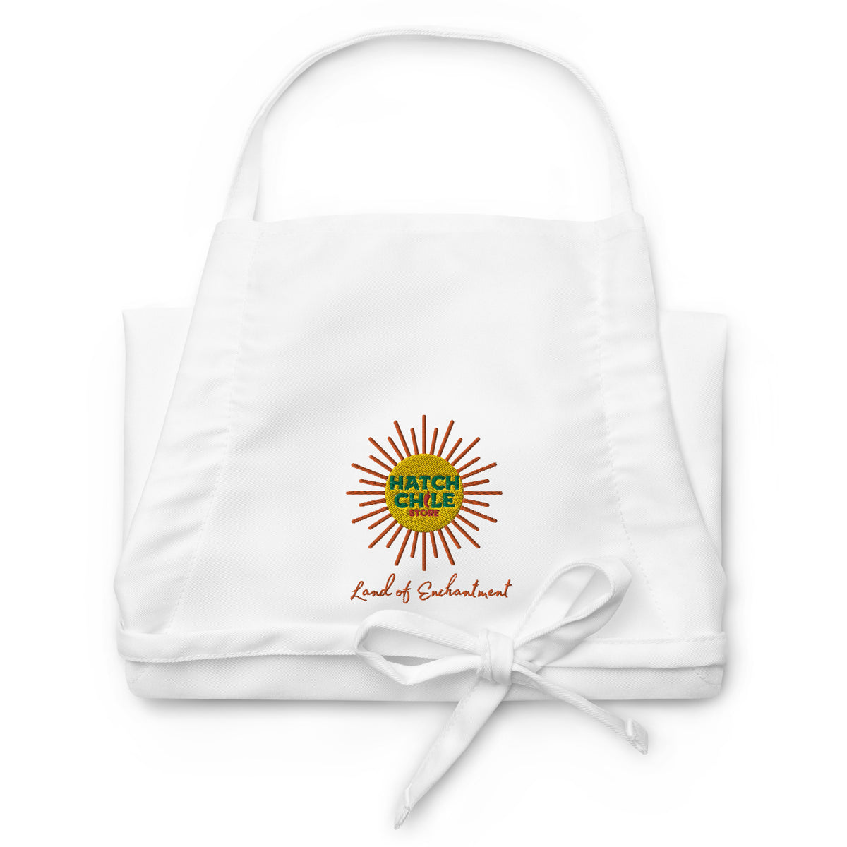 Land of Enchantment Embroidered Apron — embroidered apron in white, front view