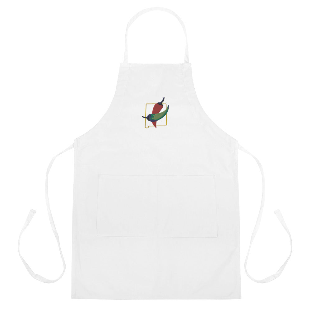 State Question Apron — embroidered apron in white, front view