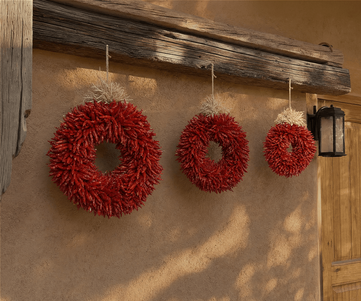 Dried red chile pequin wreaths in three graduated sizes on an adobe wall