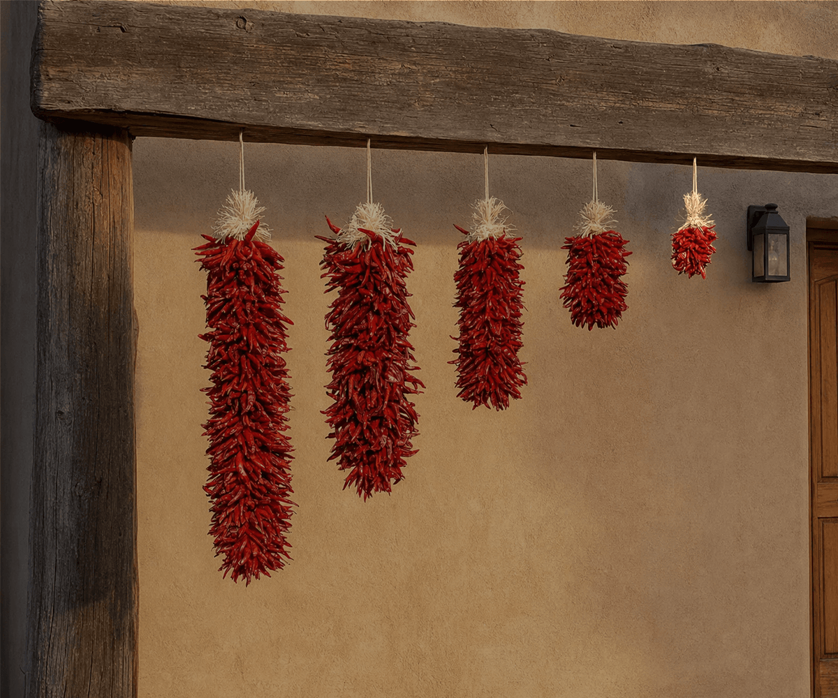 Dried red chile pequin ristras in graduated lengths hanging on an adobe wall