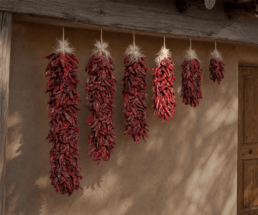 Dried red chile ristras in graduated lengths on adobe wall, fourth size highlighted