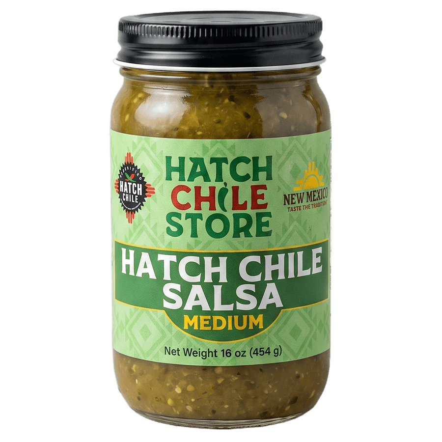 Hatch chile salsa, medium — 16 oz jar of roasted New Mexico green chile salsa