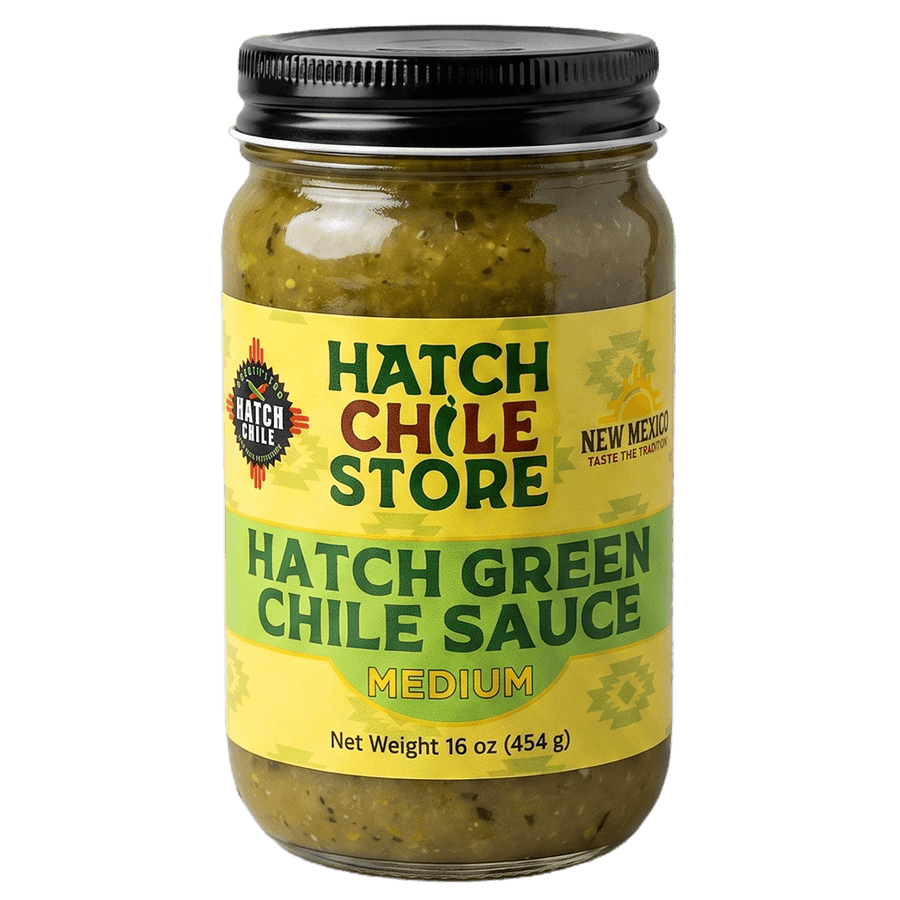 Hatch green chile sauce, medium — 16 oz jar of authentic New Mexico green chile
