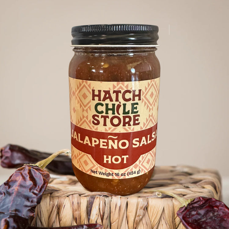 Jar of hot Hatch Chile Store jalapeño salsa.