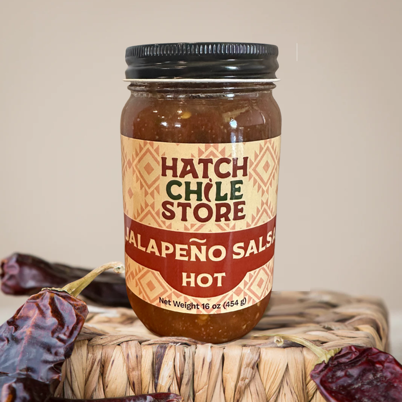Jar of hot Hatch Chile Store jalapeño salsa.