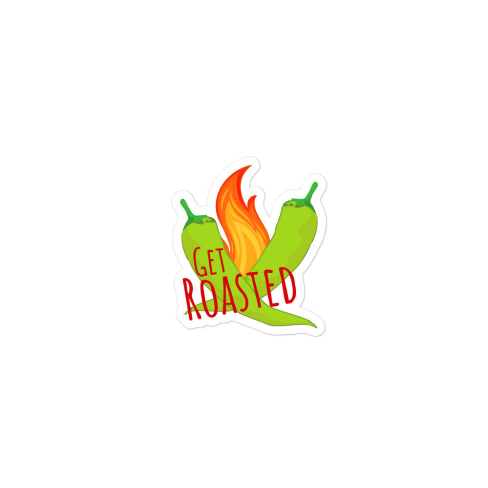 Sentence with product name: Get Roasted Sticker featuring two green chili peppers with a vibrant orange flame between them and the text "get roasted" in bold red lettering. Ideal for decorating your laptop.